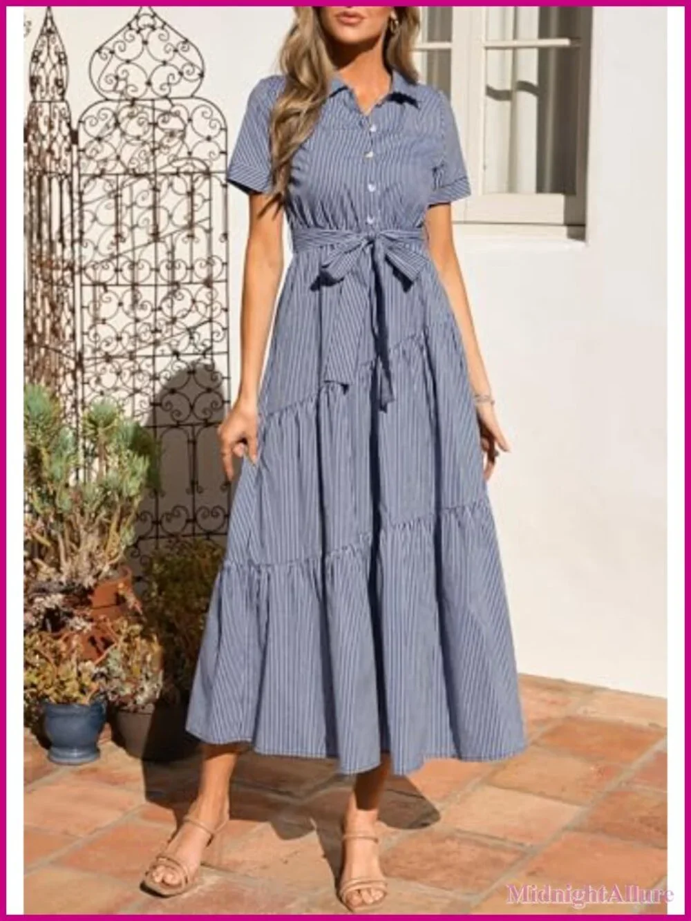 Women's Striped Button Up Maxi Shirt Dress with Belt | Short Sleeve Flowy